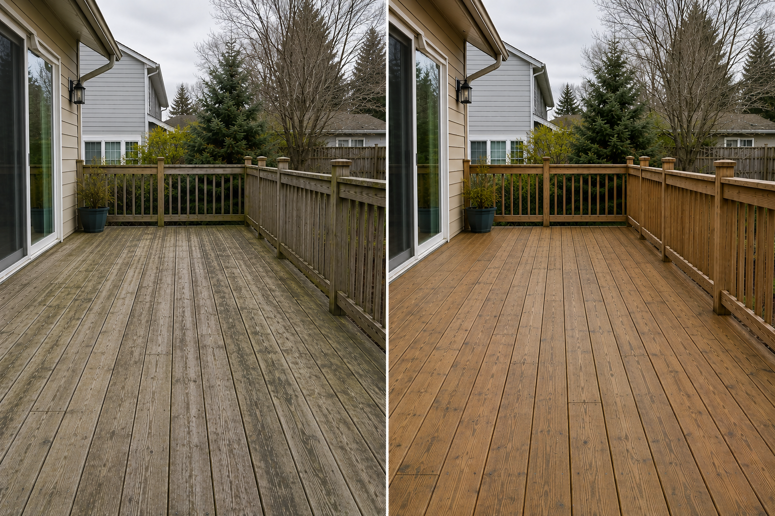 Before and after deck washing by Heritage Home Services — weathered gray deck boards restored to clean natural wood