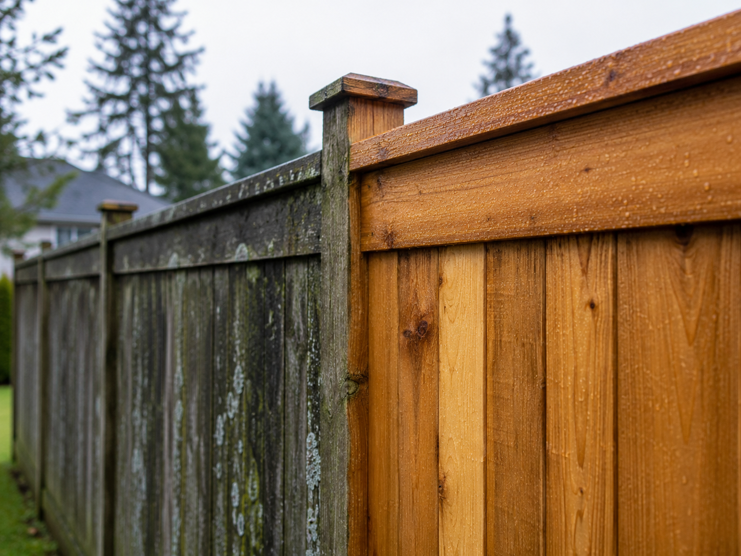 Cedar wood fence soft washed, before and after showing algae removal and restored natural cedar tone