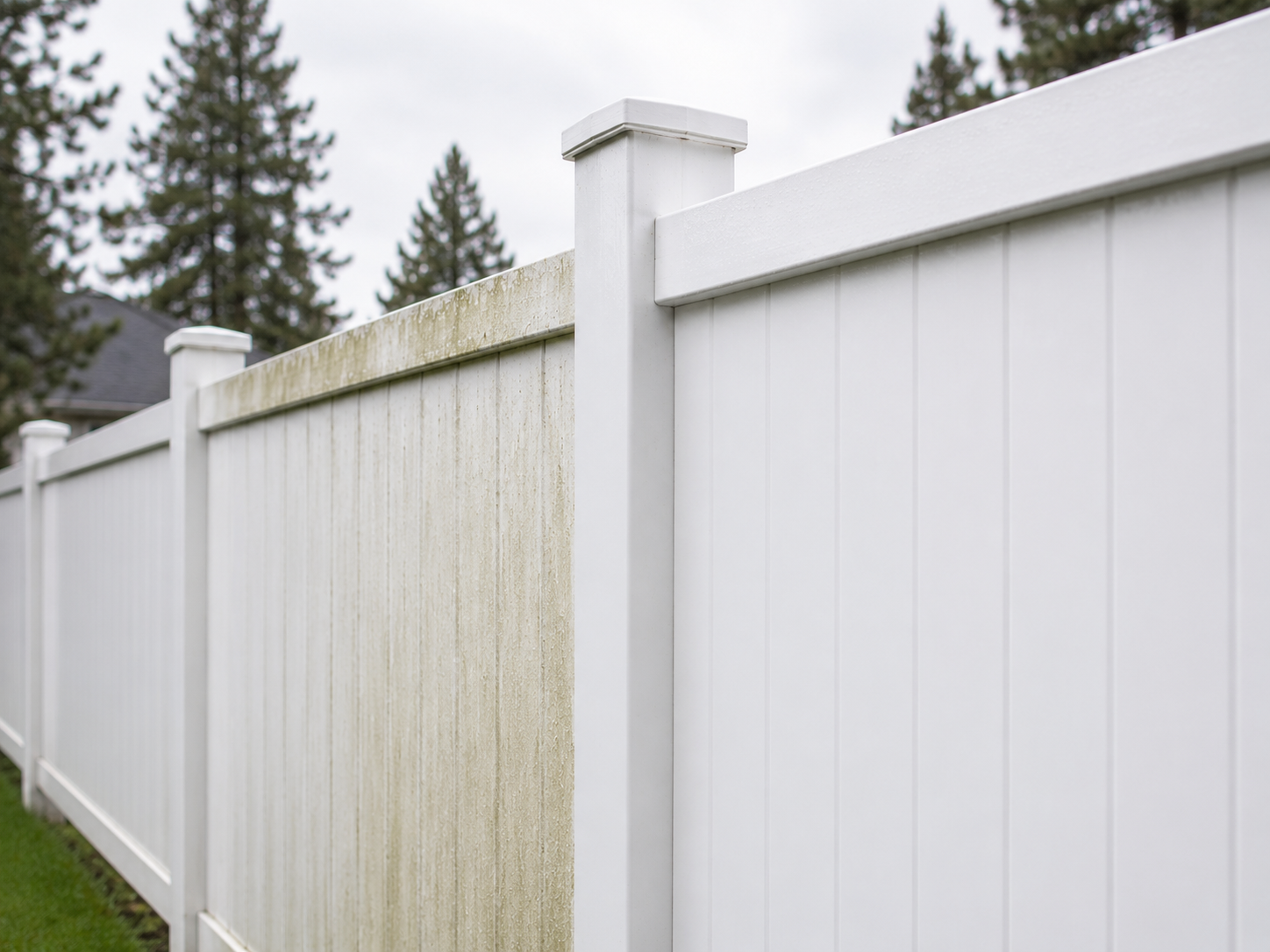 White vinyl fence cleaned, before showing green algae staining, after showing restored bright white surface