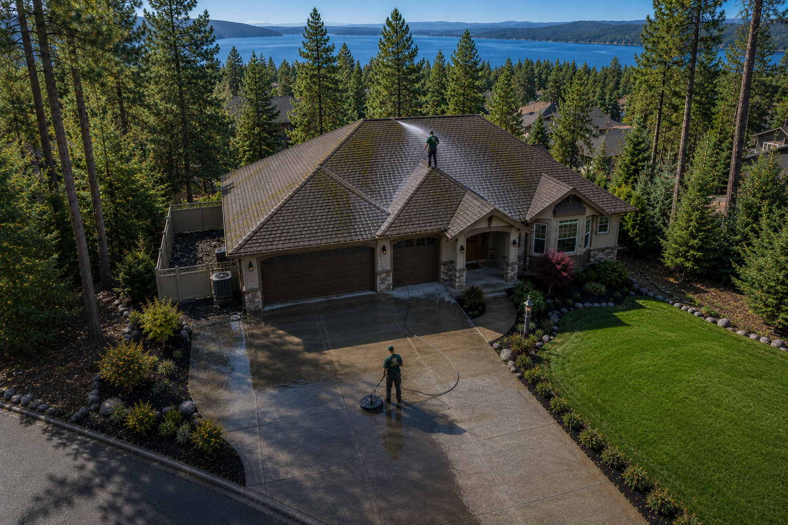 Heritage Home Services team soft washing roof and pressure washing driveway on a Coeur d'Alene property overlooking Lake Coeur d'Alene