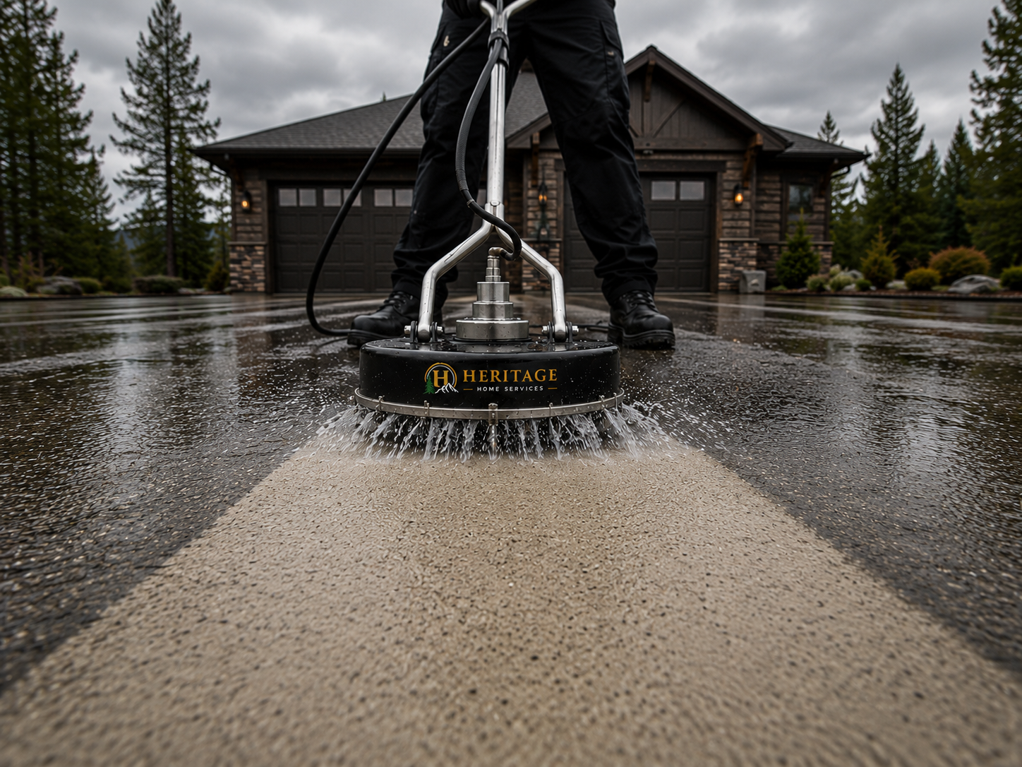 Heritage Home Services surface cleaner pressure washing a North Idaho driveway
